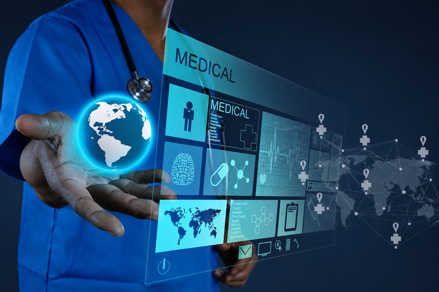 A health worker interacting with a digital health information display
