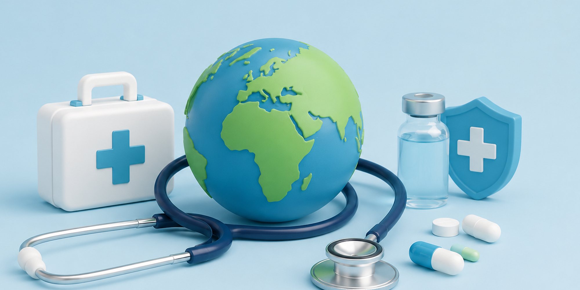 An illustration of a globe with a stethoscope, first aid kit, vaccine vial and medicines